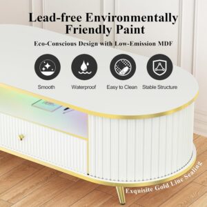 47" Fluted Coffee Table with LED Lights & Storage - Luxury Modern Oval Center Table for Living Room, Coffe Tables with Drawers, Curved Profile Design, Gold Metal Decor, White - Image 4