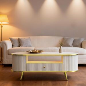 47" Fluted Coffee Table with LED Lights & Storage - Luxury Modern Oval Center Table for Living Room, Coffe Tables with Drawers, Curved Profile Design, Gold Metal Decor, White - Image 5