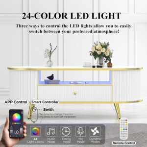 47" Fluted Coffee Table with LED Lights & Storage - Luxury Modern Oval Center Table for Living Room, Coffe Tables with Drawers, Curved Profile Design, Gold Metal Decor, White - Image 7