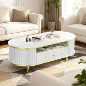47" Fluted Coffee Table with LED Lights & Storage - Luxury Modern Oval Center Table for Living Room, Coffe Tables with Drawers, Curved Profile Design, Gold Metal Decor, White - Image 8