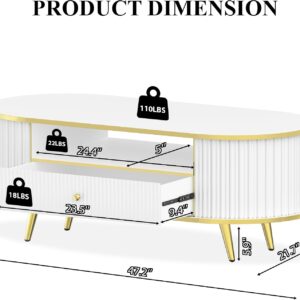 47" Fluted Coffee Table with LED Lights & Storage - Luxury Modern Oval Center Table for Living Room, Coffe Tables with Drawers, Curved Profile Design, Gold Metal Decor, White - Image 9