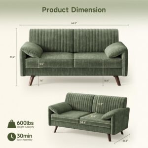 64.5" Loveseat Sofa, Chenille Loveseat Couch for Living Room, Green 23.2" Deep Seat Love seat with Padded Arms, Comfy Modern Small Couches for Bedroom, Small Spaces, Dorms, Office, Apartment - Image 2