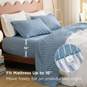Bedsure Striped Sheets King Size-Imitation Cotton Fits Up to 16" Mattress Jacquard Dobby Striped, Breathable, Lightweight and Easy Care Bedsheet & Pillowcases, Gifts for Kids,Women,Men,Dark Blue - Image 3