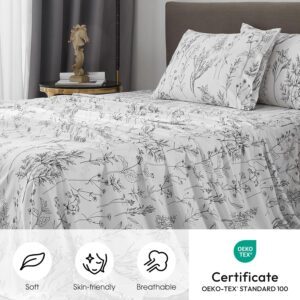 Deep Pocket Queen Sheets, Floral Patterned Black and White Cute 4pc Sheets Queen Size Bed Set 18 inch Deep, Leaf Pattern Soft Breathable Shabby Chic, Oeko-Tex Certified. 1800 Thread Count - Image 3