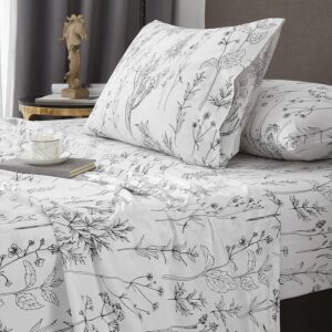 Deep Pocket Queen Sheets, Floral Patterned Black and White Cute 4pc Sheets Queen Size Bed Set 18 inch Deep, Leaf Pattern Soft Breathable Shabby Chic, Oeko-Tex Certified. 1800 Thread Count - Image 4