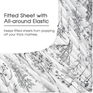 Deep Pocket Queen Sheets, Floral Patterned Black and White Cute 4pc Sheets Queen Size Bed Set 18 inch Deep, Leaf Pattern Soft Breathable Shabby Chic, Oeko-Tex Certified. 1800 Thread Count - Image 7