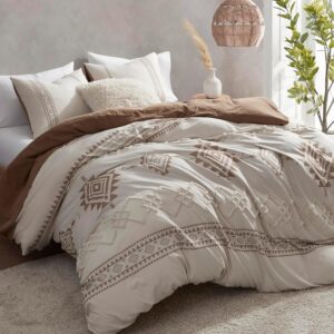 Boho King Duvet Cover Set, Beige & Terracotta, 3 Pieces Western Geometric Tufted Bedding Set, Durable Ultra Soft Microfiber, Zipper Closure & 8 Corner Ties, All Season Comfort - Image 6