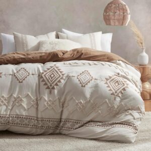 Boho King Duvet Cover Set, Beige & Terracotta, 3 Pieces Western Geometric Tufted Bedding Set, Durable Ultra Soft Microfiber, Zipper Closure & 8 Corner Ties, All Season Comfort - Image 7
