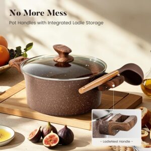Kitchen Academy 10Pcs Induction Pots & Pans Set Non Stick, Brown Nonstick Cookware Set, Healthy Non Toxic Cooking Pans and Pots, Easy to Clean, PFOA&PFAS Free - Image 5