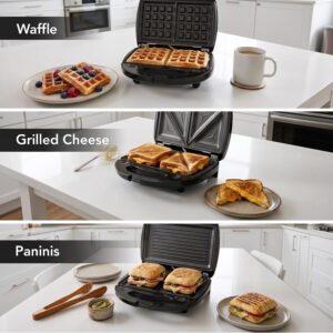 OVENTE 3 in 1 Electric Sandwich Maker, 750W Non-Stick Plates, Black GPI302B Panini Press Grill and Waffle Iron Removable Set , Perfect for Grilled Cheese, Tuna Melts, Burgers, Steaks and Snacks - Image 6