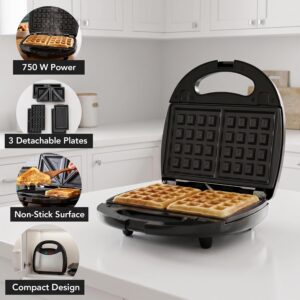 OVENTE 3 in 1 Electric Sandwich Maker, 750W Non-Stick Plates, Black GPI302B Panini Press Grill and Waffle Iron Removable Set , Perfect for Grilled Cheese, Tuna Melts, Burgers, Steaks and Snacks - Image 9