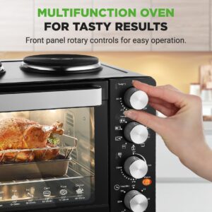 NutriChef 30 Quart Kitchen Convection Oven & 2 Burner Cooker - 1500 Watt Oven - 7 Cook Functions Rotisserie, Cook, Bake, Broil & More - Includes Baking Tray, Skewers & Handles - 19.6 x 16.0 x 13.5 IN - Image 6