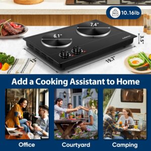 CUSIMAX Hot Plate, 1800W Electric Burner Double Hot Plate for Cooking,Black Countertop Burner with Adjustable Temperature Control, Portable Electric Cast Iron Hot Plates Cooktop, Easy to Clean - Image 2