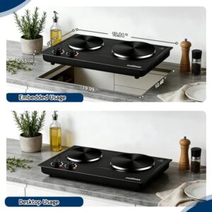 CUSIMAX Hot Plate, 1800W Electric Burner Double Hot Plate for Cooking,Black Countertop Burner with Adjustable Temperature Control, Portable Electric Cast Iron Hot Plates Cooktop, Easy to Clean - Image 6