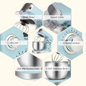 Kitchen in the box Stand Mixer,3.2Qt Small Electric Food Mixer,6 Speeds Portable Lightweight Kitchen Mixer for Daily Use with Egg Whisk,Dough Hook,Flat Beater - Image 6