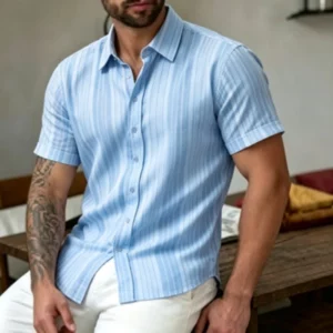 Men's short sleeved shirt with gentle vertical stripe print, European and American business casual breathable men's summer trave - Image 3