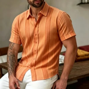 Men's short sleeved shirt with gentle vertical stripe print, European and American business casual breathable men's summer trave - Image 4