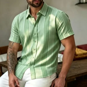 Men's short sleeved shirt with gentle vertical stripe print, European and American business casual breathable men's summer trave - Image 5