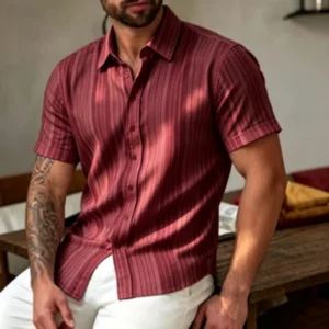 Men's short sleeved shirt with gentle vertical stripe print, European and American business casual breathable men's summer trave - Image 6