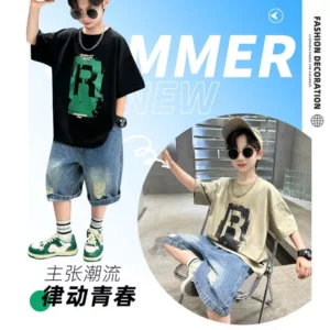 New Boys Fashion Summer 2pcs Cotton T-shirts+Denim Shorts Sporty Suits Teenage Kids Korean Style Outfits Sets Children Clothes - Image 4
