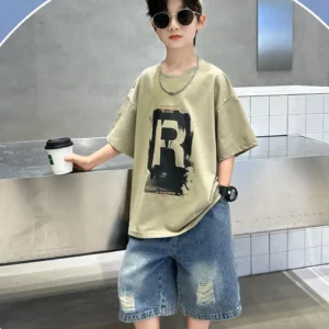 New Boys Fashion Summer 2pcs Cotton T-shirts+Denim Shorts Sporty Suits Teenage Kids Korean Style Outfits Sets Children Clothes - Image 5