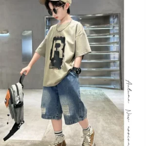 New Boys Fashion Summer 2pcs Cotton T-shirts+Denim Shorts Sporty Suits Teenage Kids Korean Style Outfits Sets Children Clothes - Image 7
