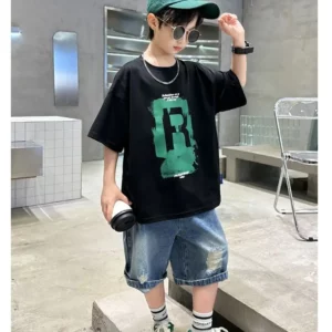 New Boys Fashion Summer 2pcs Cotton T-shirts+Denim Shorts Sporty Suits Teenage Kids Korean Style Outfits Sets Children Clothes - Image 6