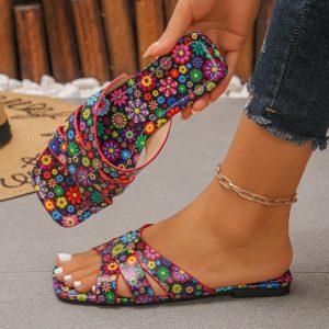 Women's Flat Sandals Open Square Toe Slide Slippers Floral Pattern Cross Strap Cutout Summer Beach Holiday Casual Vacation Shoes - Image 7