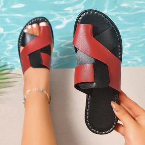 Women Toe Loop Color Block Slide Sandals Open Toe Flat Sole Crisscross Strap Summer Beach Casual Slippers Large Size - Image 4