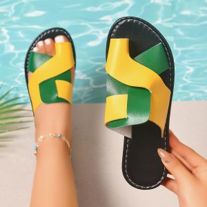 Women Toe Loop Color Block Slide Sandals Open Toe Flat Sole Crisscross Strap Summer Beach Casual Slippers Large Size - Image 6