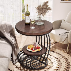 Tribesigns Round End Side Table: Side Table with 2 Tiers Storage Shelves, Vintage End Table for Living Room, Small Bedside Table Accent Table with Arc-Shaped Frame, Rustic Brown - Image 3