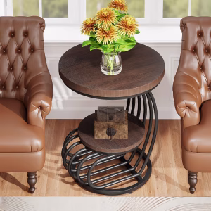 Tribesigns Round End Side Table: Side Table with 2 Tiers Storage Shelves, Vintage End Table for Living Room, Small Bedside Table Accent Table with Arc-Shaped Frame, Rustic Brown - Image 4