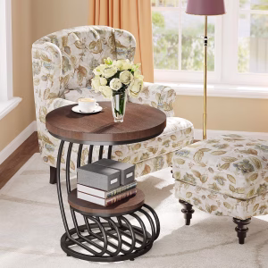 Tribesigns Round End Side Table: Side Table with 2 Tiers Storage Shelves, Vintage End Table for Living Room, Small Bedside Table Accent Table with Arc-Shaped Frame, Rustic Brown - Image 5