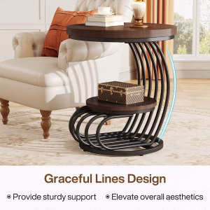Tribesigns Round End Side Table: Side Table with 2 Tiers Storage Shelves, Vintage End Table for Living Room, Small Bedside Table Accent Table with Arc-Shaped Frame, Rustic Brown - Image 7