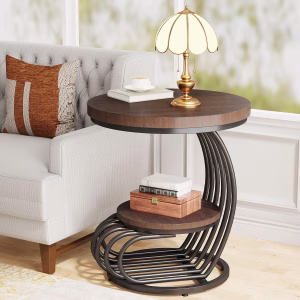 Tribesigns Round End Side Table: Side Table with 2 Tiers Storage Shelves, Vintage End Table for Living Room, Small Bedside Table Accent Table with Arc-Shaped Frame, Rustic Brown - Image 8