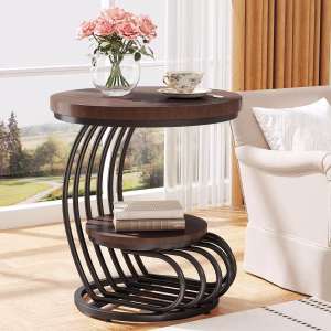 Tribesigns Round End Side Table: Side Table with 2 Tiers Storage Shelves, Vintage End Table for Living Room, Small Bedside Table Accent Table with Arc-Shaped Frame, Rustic Brown - Image 9
