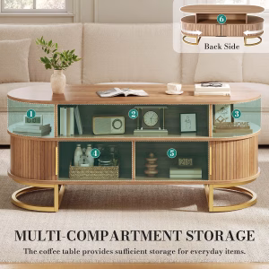 YITAHOME 47.2" Oval Coffee Table with Sliding Doors, Storage, Natural Oak Center Table with Sliding Doors, Large Storage, Gold Handles, Modern Wood Build, Oval Shape, for Living Room, Easy Assembly - Image 3