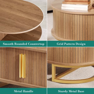 YITAHOME 47.2" Oval Coffee Table with Sliding Doors, Storage, Natural Oak Center Table with Sliding Doors, Large Storage, Gold Handles, Modern Wood Build, Oval Shape, for Living Room, Easy Assembly - Image 4