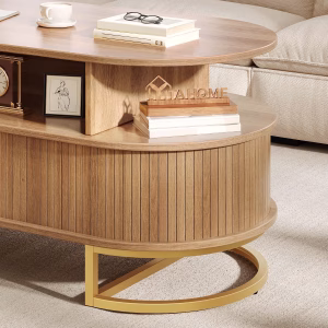 YITAHOME 47.2" Oval Coffee Table with Sliding Doors, Storage, Natural Oak Center Table with Sliding Doors, Large Storage, Gold Handles, Modern Wood Build, Oval Shape, for Living Room, Easy Assembly - Image 5