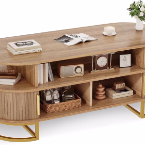 YITAHOME 47.2" Oval Coffee Table with Sliding Doors, Storage, Natural Oak Center Table with Sliding Doors, Large Storage, Gold Handles, Modern Wood Build, Oval Shape, for Living Room, Easy Assembly - Image 6