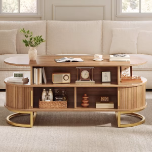 YITAHOME 47.2" Oval Coffee Table with Sliding Doors, Storage, Natural Oak Center Table with Sliding Doors, Large Storage, Gold Handles, Modern Wood Build, Oval Shape, for Living Room, Easy Assembly - Image 7