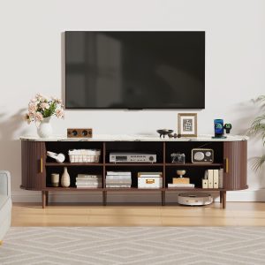 DHH 70.8 Inch Mid Century Modern TV Stand with Power Outlet for TVs up to 80 Inch, Entertainment Center with Storage and Adjustable Shelves, Media Console with Sliding Doors for Living Room(Marble) - Image 6