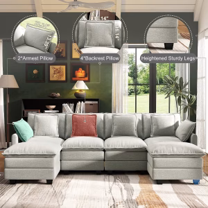 Hanherry 107" Cloud Couch Sectional Modular Sofa, Deep Seat Couches with Ottoman and Removable Washable Pillows for Living Room, Bedroom, Apartment, Light Grey - Image 3