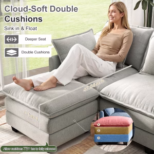 Hanherry 107" Cloud Couch Sectional Modular Sofa, Deep Seat Couches with Ottoman and Removable Washable Pillows for Living Room, Bedroom, Apartment, Light Grey - Image 4