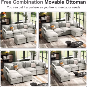 Hanherry 107" Cloud Couch Sectional Modular Sofa, Deep Seat Couches with Ottoman and Removable Washable Pillows for Living Room, Bedroom, Apartment, Light Grey - Image 5