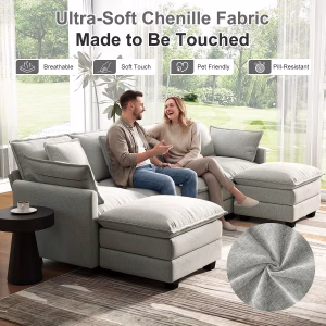 Hanherry 107" Cloud Couch Sectional Modular Sofa, Deep Seat Couches with Ottoman and Removable Washable Pillows for Living Room, Bedroom, Apartment, Light Grey - Image 6