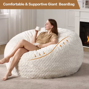 Hobestluk Bean Bag Chair Large Washable Soft Living Room Adult 5Ft White No Assembly Required Memory Foam Filling Machine Washable Cover Bedroom Dorm Reading Gaming Fluffy Plush Faux Fur Fabric - Image 7