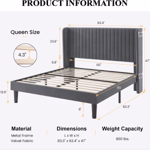 SHA CERLIN Queen Size Velvet Bed Frame, Tufted Wingback Headboard, Grey 47'' Modern Vertical Channel Headboard, Upholstered Platform Bed, Wood Slats, No Box Spring Needed, Easy Assembly, Noise Free - Image 2