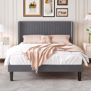 SHA CERLIN Queen Size Velvet Bed Frame, Tufted Wingback Headboard, Grey 47'' Modern Vertical Channel Headboard, Upholstered Platform Bed, Wood Slats, No Box Spring Needed, Easy Assembly, Noise Free - Image 3