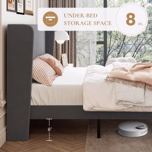 SHA CERLIN Queen Size Velvet Bed Frame, Tufted Wingback Headboard, Grey 47'' Modern Vertical Channel Headboard, Upholstered Platform Bed, Wood Slats, No Box Spring Needed, Easy Assembly, Noise Free - Image 7